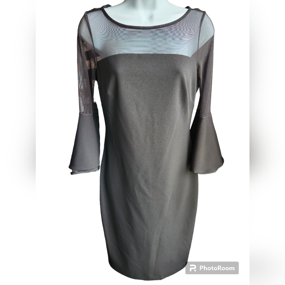 Women's Calvin Klein Black Sheath Dress Sheer Sleeves Size 2.